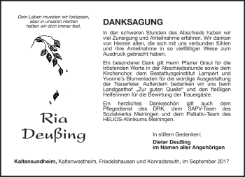 Traueranzeige von Ria Deußing von Südthüringer Presse