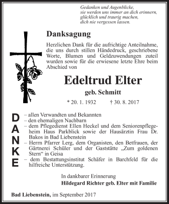 Traueranzeige von Edeltrud Elter von Südthüringer Presse