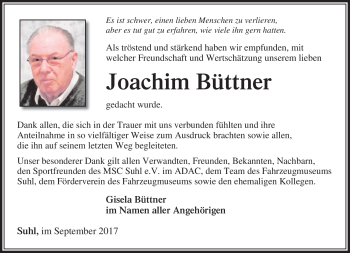 Traueranzeige von Joachim Büttner von Südthüringer Presse