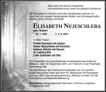 Traueranzeige von Elisabeth Nejeschleba von Südthüringer Presse
