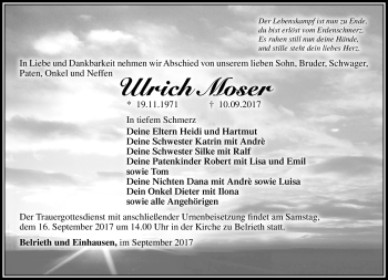 Traueranzeige von Ulrich Moser von Südthüringer Presse