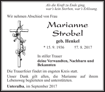 Traueranzeige von Marianne Strobel von Südthüringer Presse