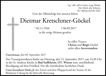 Traueranzeige von Dietmar Kretschmer-Göckel von Neue Presse Coburg