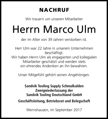 Traueranzeige von Marco Ulm von Südthüringer Presse