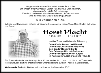 Traueranzeige von Horst Placht von Südthüringer Presse