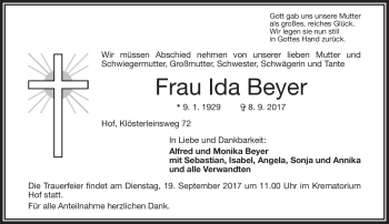 Traueranzeige von Ida Beyer von Frankenpost