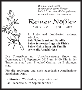 Traueranzeige von Reiner Nößler von Südthüringer Presse