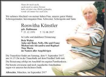 Traueranzeige von Roswitha Künstler von Südthüringer Presse
