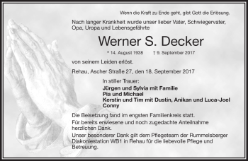 Traueranzeige von Werner S. Decker von Frankenpost