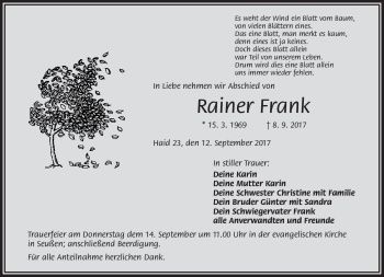 Traueranzeige von Rainer Frank von Frankenpost