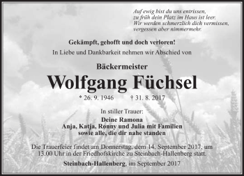 Traueranzeige von Wolfgang Füchsel von Südthüringer Presse