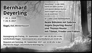 Traueranzeige von Bernhard Deyerling von Frankenpost
