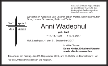 Traueranzeige von Anni Wadephul von Frankenpost