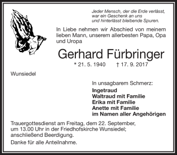 Traueranzeige von Gerhard Fürbringer von Frankenpost