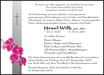 Traueranzeige von Ursel Wilk von Südthüringer Presse