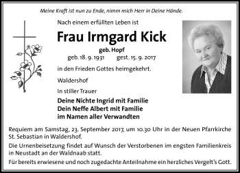 Traueranzeige von Irmgard Kick von Frankenpost