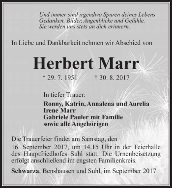 Traueranzeige von Herbert Marr von Südthüringer Presse