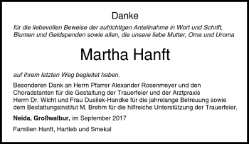 Traueranzeige von Martha Hanft von Neue Presse Coburg