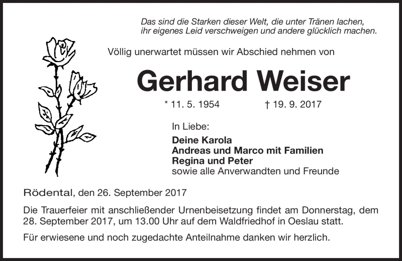  Traueranzeige für Gerhard Weiser vom 26.09.2017 aus Neue Presse Coburg