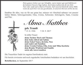 Traueranzeige von Alma Matthes von Südthüringer Presse