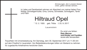 Traueranzeige von Hitraud Opel von Neue Presse Coburg