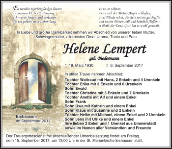 Traueranzeige von Helene Lempert von Südthüringer Presse