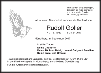 Traueranzeige von Rudolf Goller von Frankenpost
