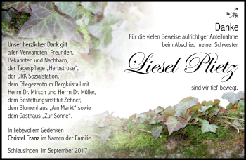 Traueranzeige von Liesel Plietz von Südthüringer Presse