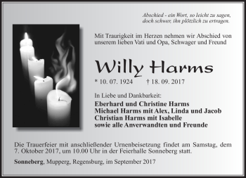 Traueranzeige von Willy Harms von Südthüringer Presse