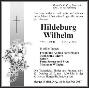 Traueranzeige von Hildeburg Wilhelm von Südthüringer Presse