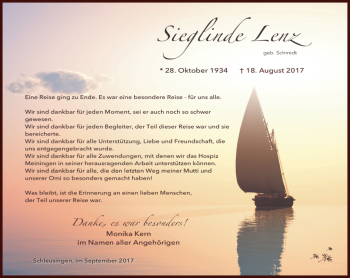 Traueranzeige von Sieglinde Lenz von Südthüringer Presse