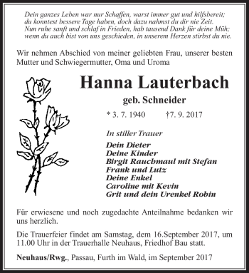 Traueranzeige von Hanna Lauterbach von Südthüringer Presse