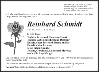 Traueranzeige von Reinhard Schmidt von Südthüringer Presse