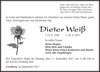 Traueranzeige von Dieter Weiß von Südthüringer Presse
