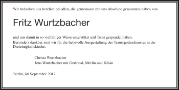 Traueranzeige von Fritz Wurtzbacher von Frankenpost