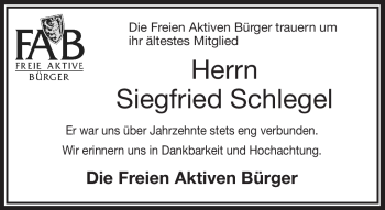 Traueranzeige von Siegfried Schlegel von Frankenpost