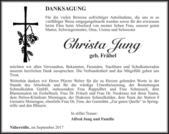 Traueranzeige von Christa Jung von Südthüringer Presse