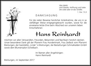 Traueranzeige von Hans Reinhardt von Südthüringer Presse