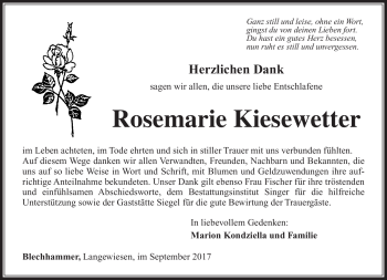 Traueranzeige von Rosemarie Kiesewetter von Südthüringer Presse