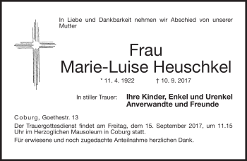 Traueranzeige von Marie-Luise Heuschkel von Neue Presse Coburg