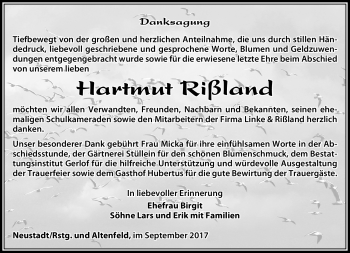 Traueranzeige von Hartmut Rißland von Südthüringer Presse