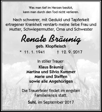 Traueranzeige von Renate Bräunig von Südthüringer Presse