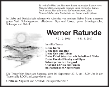 Traueranzeige von Werner Ratunde von Südthüringer Presse