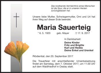 Traueranzeige von Maria Sauerteig von Neue Presse Coburg
