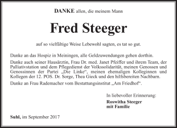 Traueranzeige von Fred Steeger von Südthüringer Presse