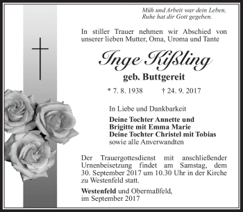 Traueranzeige von Inge Kißling von Südthüringer Presse