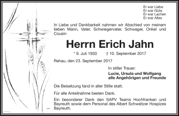 Traueranzeige von Erich Jahn von Frankenpost