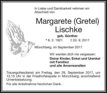 Traueranzeige von Margarete Lischke von Frankenpost