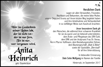 Traueranzeige von Anita Heinrich von Südthüringer Presse