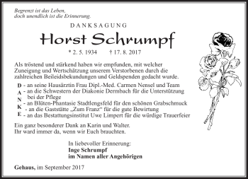 Traueranzeige von Horst Schrumpf von Südthüringer Presse